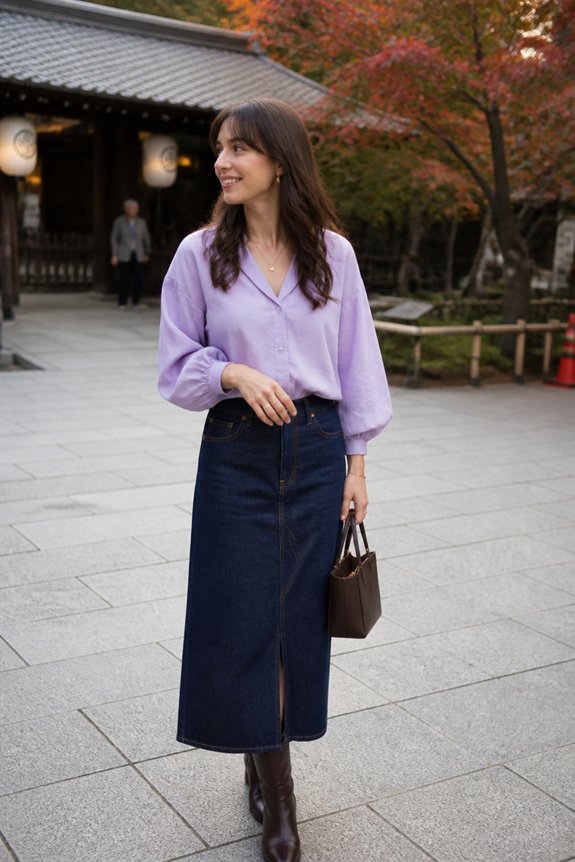 lavender blouse denim skirt