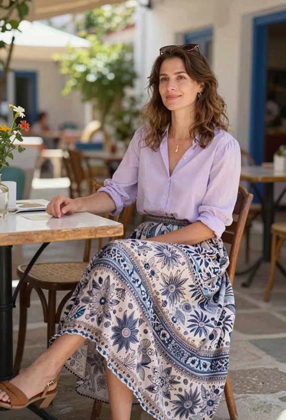 lavender blouse patterned skirt