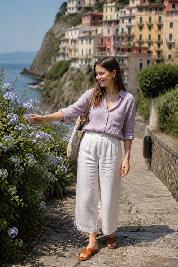 lavender blouse white culottes