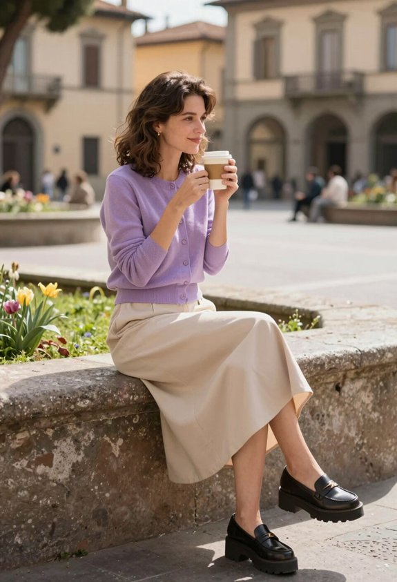 lavender cardigan beige skirt