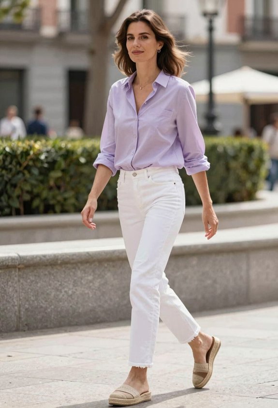 lavender shirt white jeans