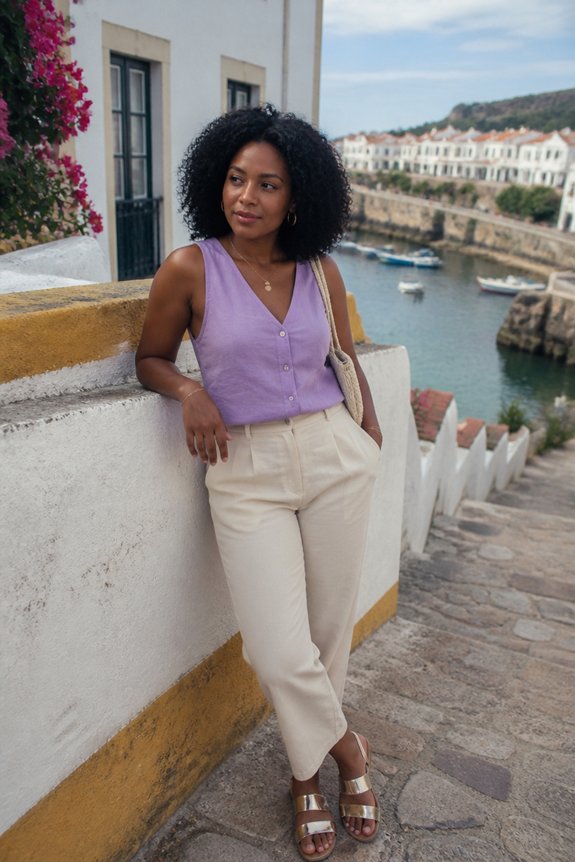 lavender sleeveless blouse
