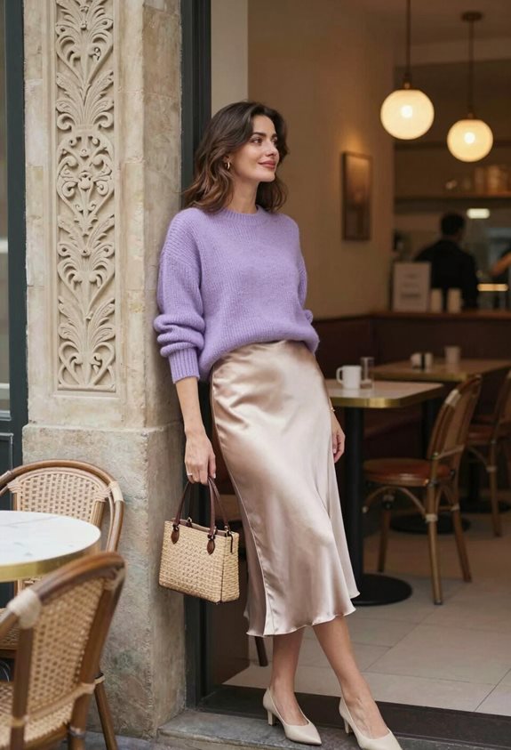 lavender sweater champagne skirt