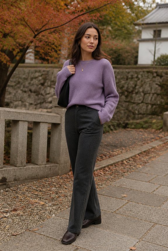 lavender sweater charcoal pants
