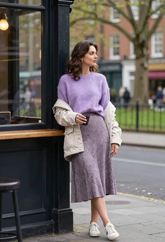 lavender sweater navy skirt