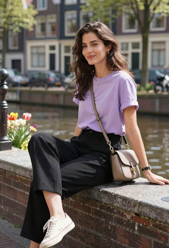 lavender tee black trousers