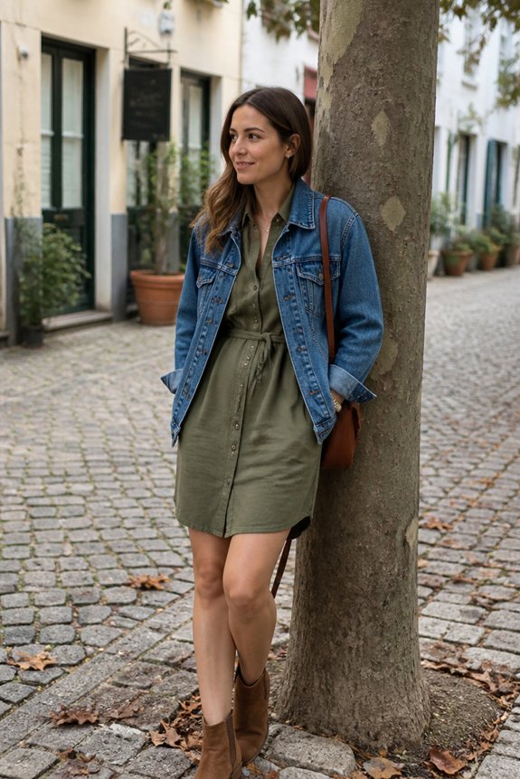 layered olive dress outfit
