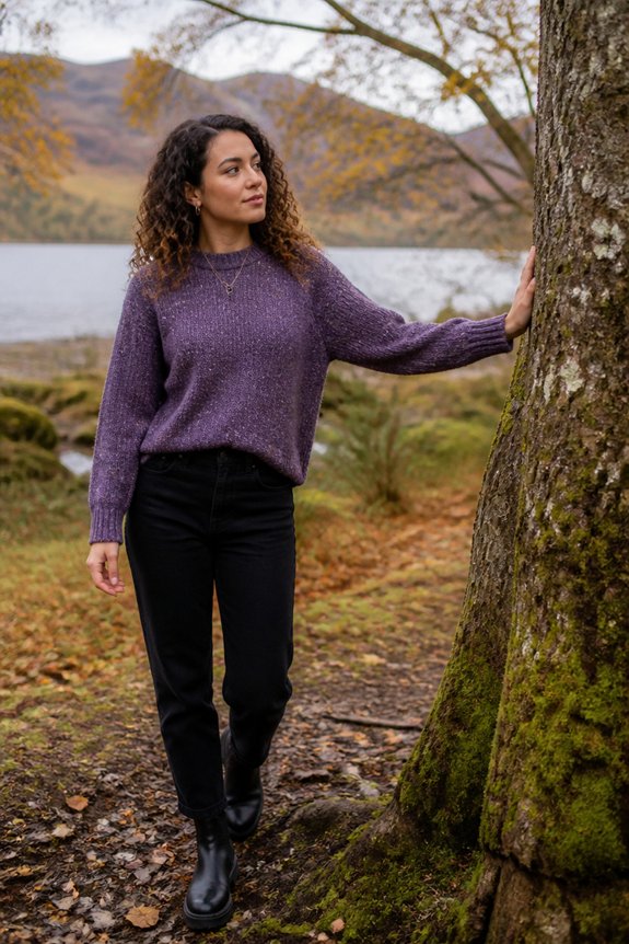 layered purple sweater ensemble