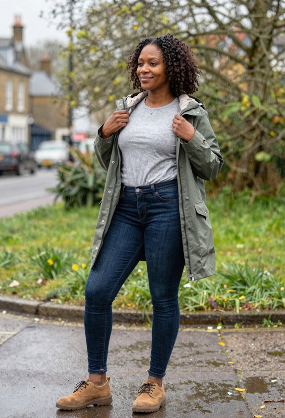 layered rainy day outfit