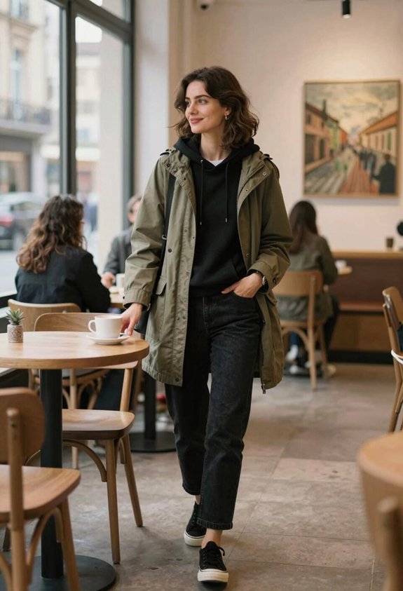 lightweight olive parka outfit