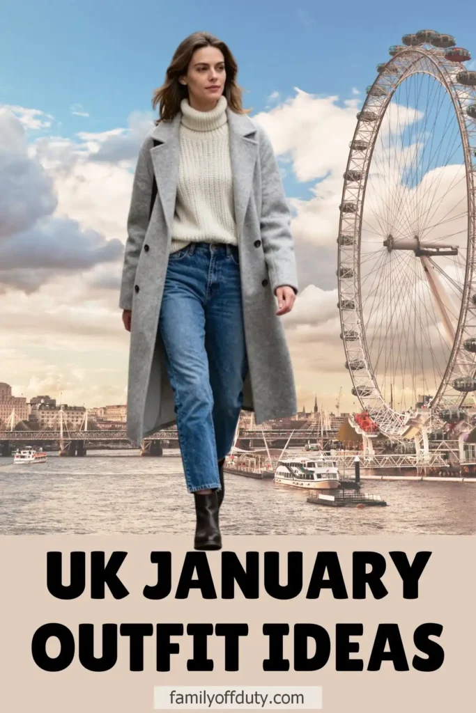 Woman in stylish winter outfit walking near the London Eye, showcasing UK January fashion ideas.