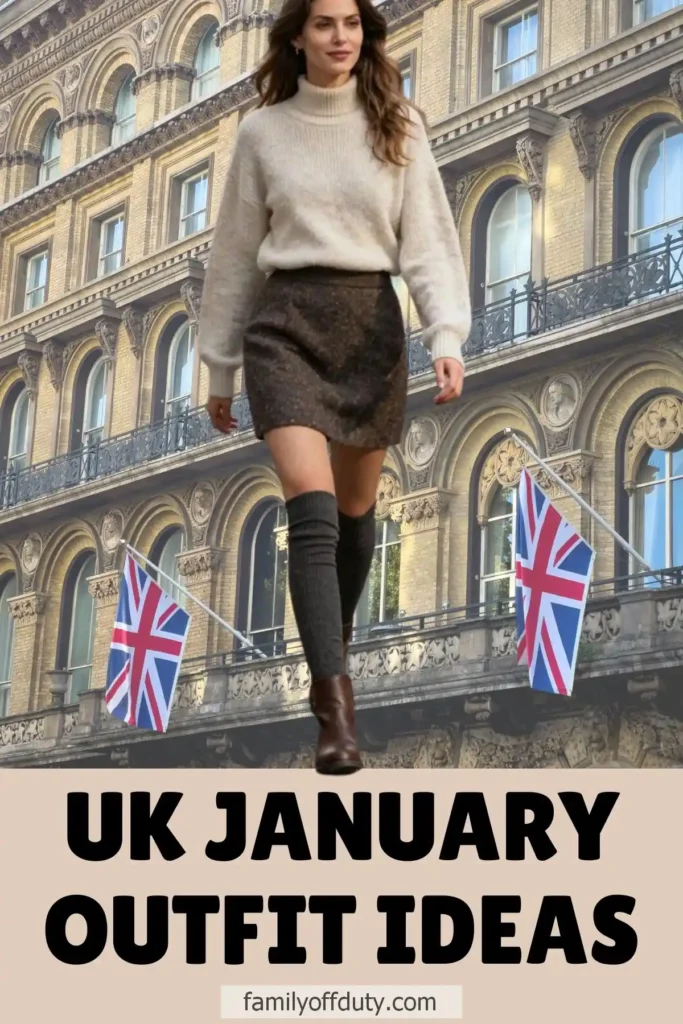 Woman in stylish winter outfit walking past UK building with Union Jack flags; text: UK January Outfit Ideas.