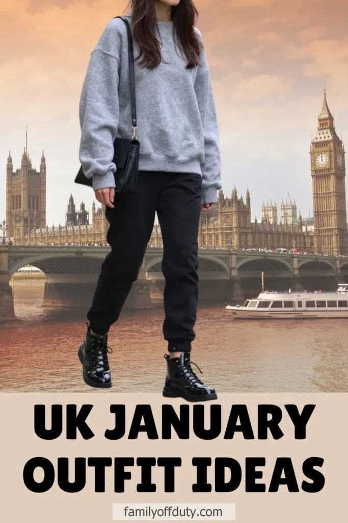 Casual winter outfit idea in front of Big Ben, London. January fashion inspiration.