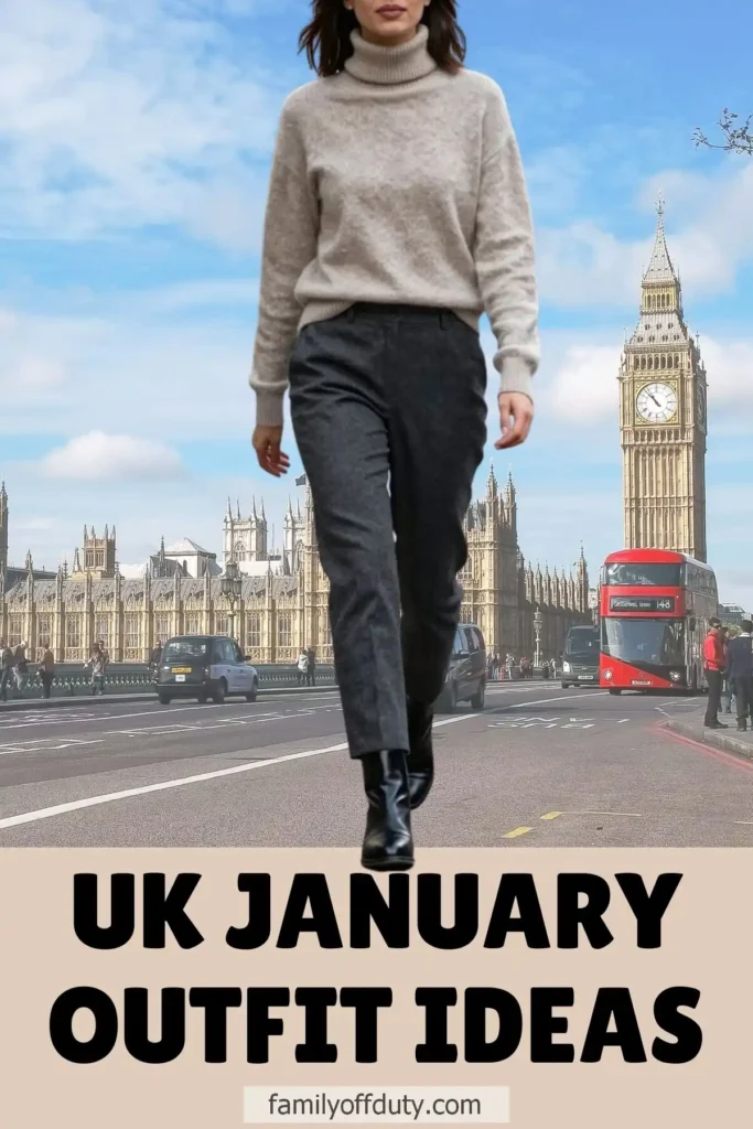 Woman in winter outfit walking in London with Big Ben in the background. UK fashion inspiration for January.
