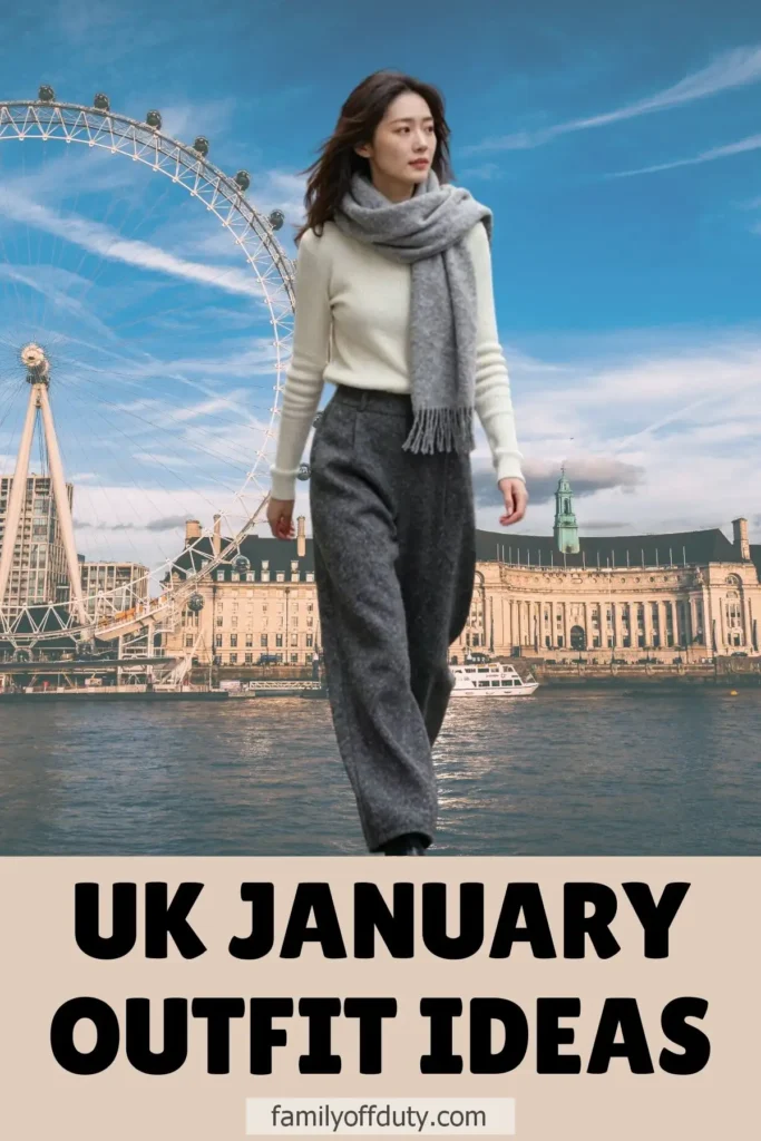 Woman in winter outfit with scarf walking in front of London Eye, titled UK January Outfit Ideas.