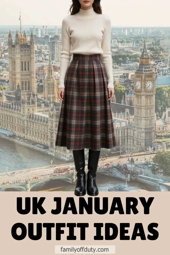 Stylish winter outfit with plaid skirt and boots, perfect for January in the UK. Iconic London background.
