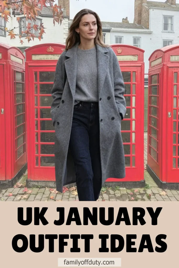 Woman in gray coat with UK phone booths, January fashion ideas.