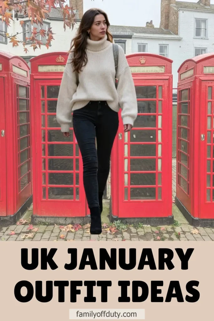 Woman in cozy winter outfit walking past red UK phone booths; UK January fashion inspiration.