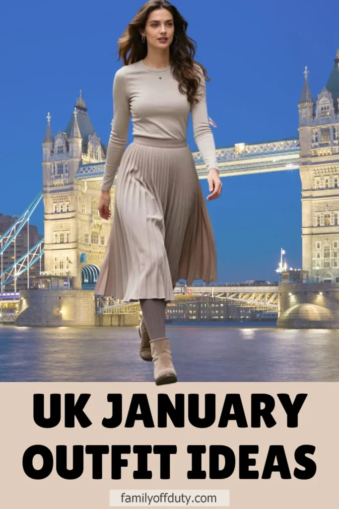 Woman in winter outfit by Tower Bridge, UK, showcasing January fashion ideas.