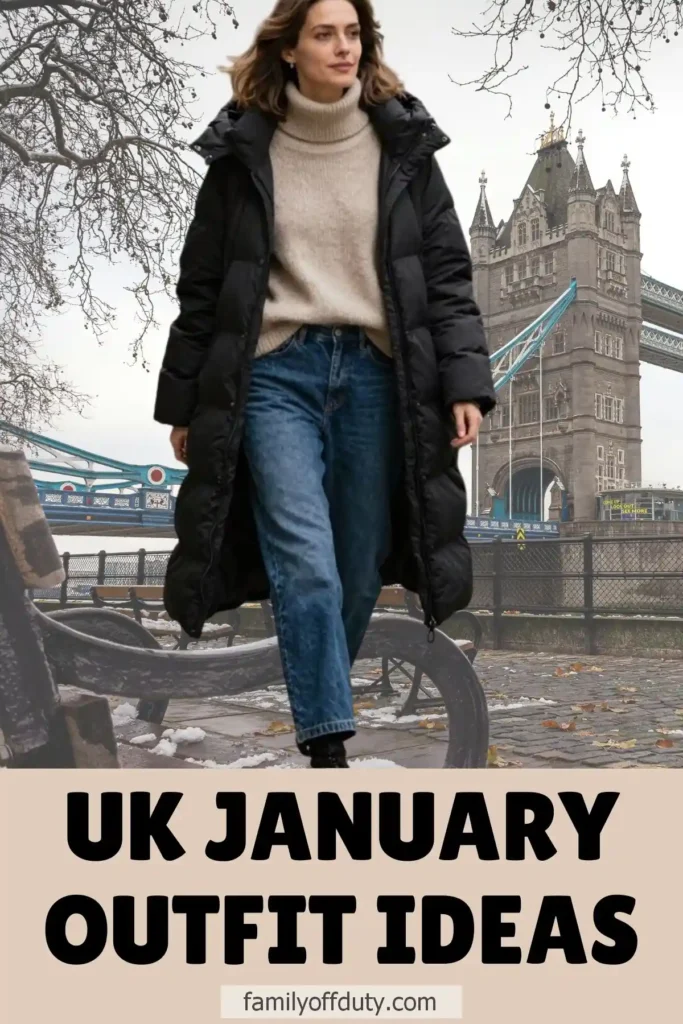 Woman in cozy winter fashion by London's Tower Bridge, showcasing UK January outfit ideas.
