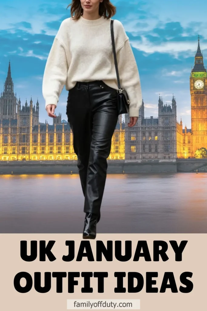 Woman in cozy winter outfit by Big Ben, UK. Perfect January fashion inspiration.