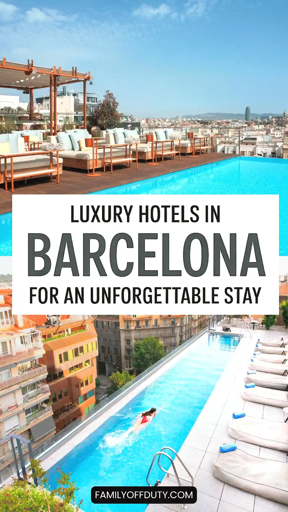 Rooftop pool with stunning city views and lounge area in luxury hotels in Barcelona for an unforgettable stay.