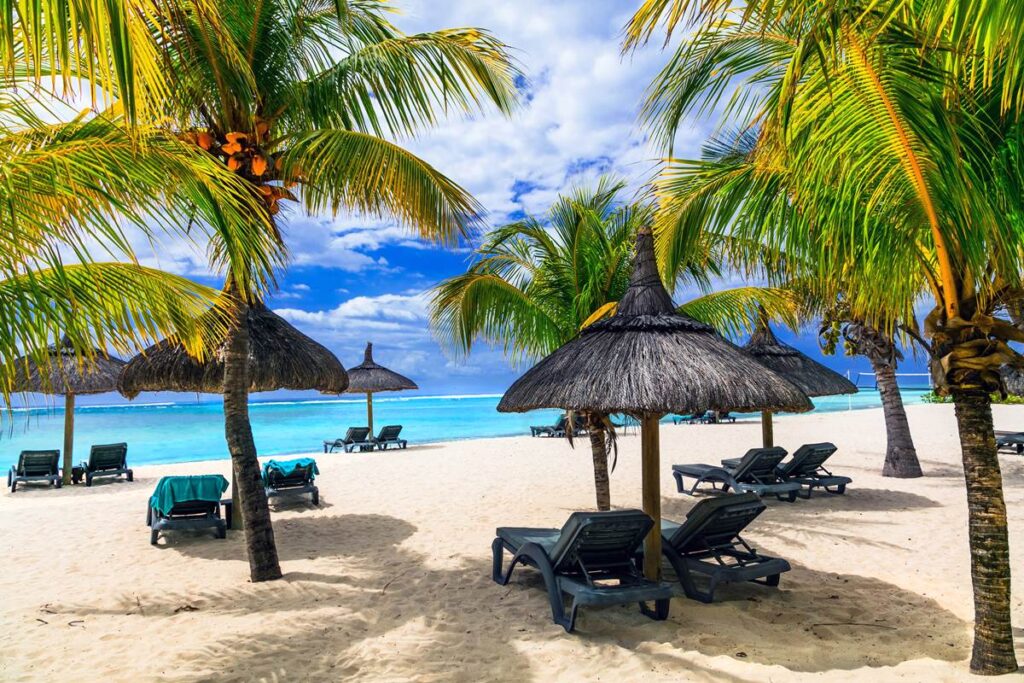 Tropical beach with palm trees and straw umbrellas, turquoise sea in the background, sunny and inviting.