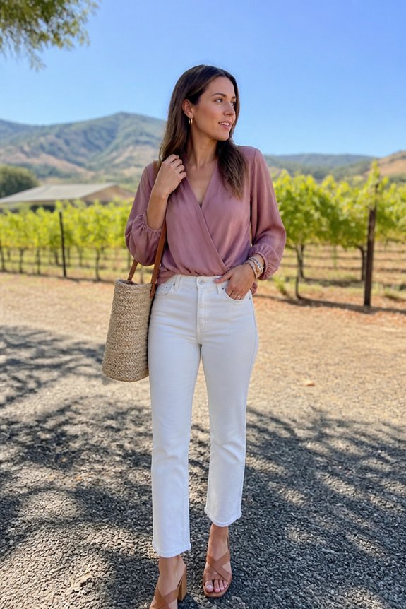 mauve blouse white jeans