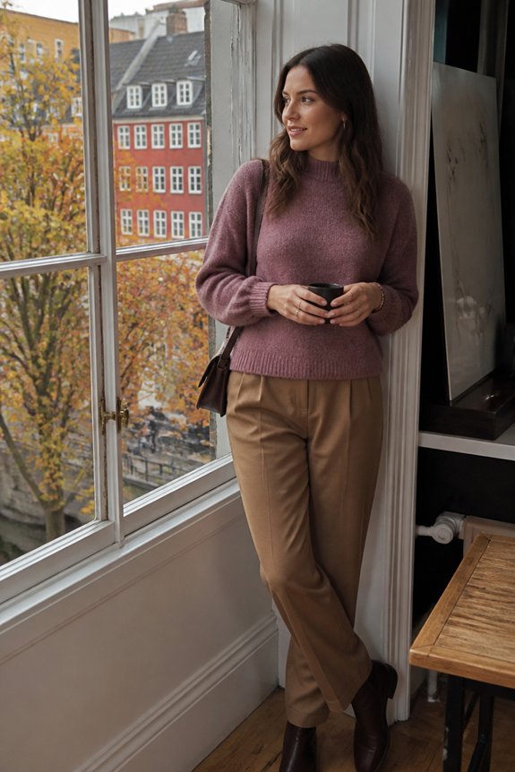 mauve knit camel pants