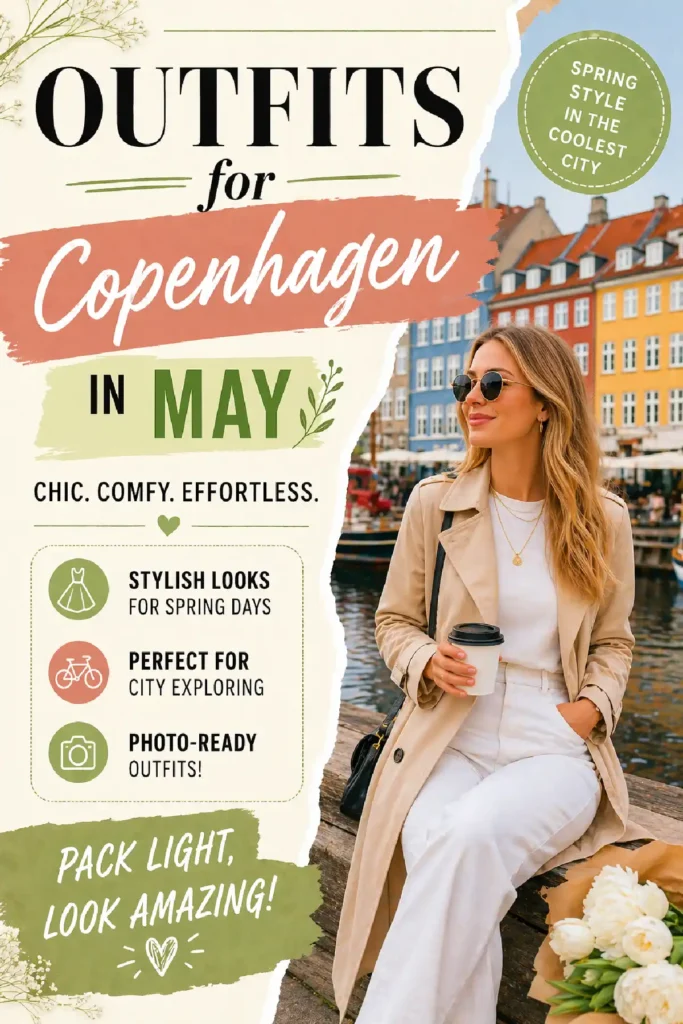 A woman enjoys coffee in stylish spring outfits by Copenhagen's colorful waterfront, promoting fashion for city exploring.
