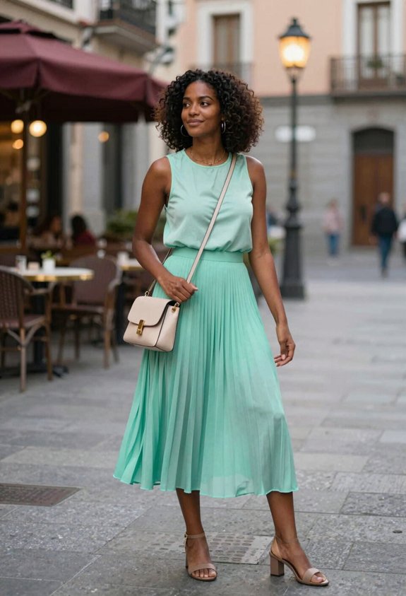 mint blouse pleated skirt