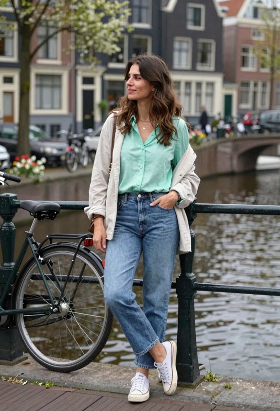 mint blouse with denim