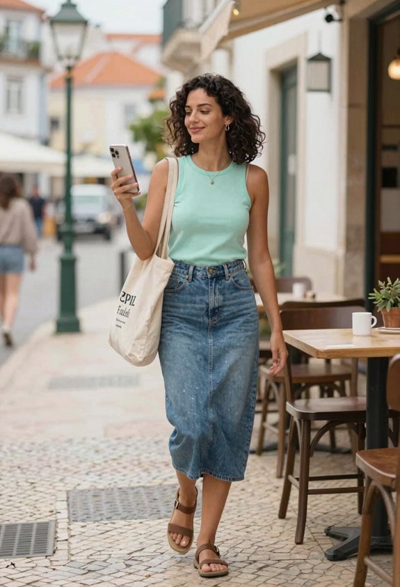 mint top denim skirt
