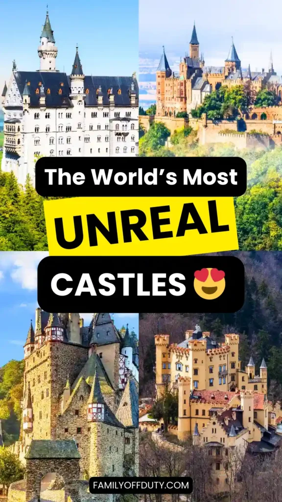 Alt text: Collage of stunning castles from around the world showcasing their majestic architecture and scenic landscapes.