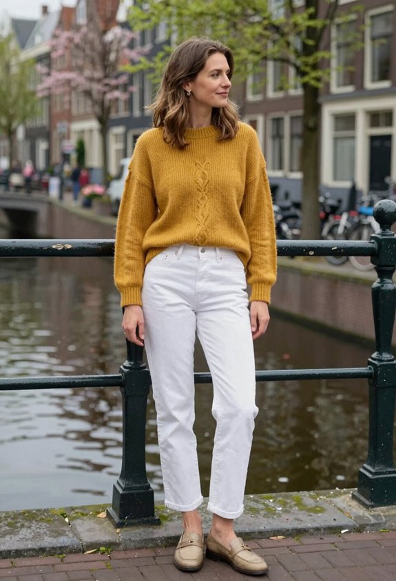 mustard sweater with white jeans