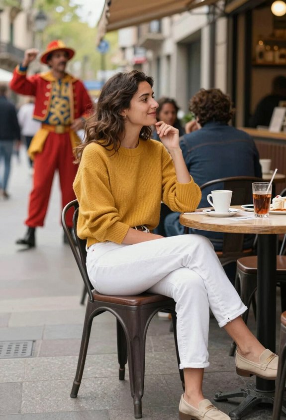 mustard top with white jeans