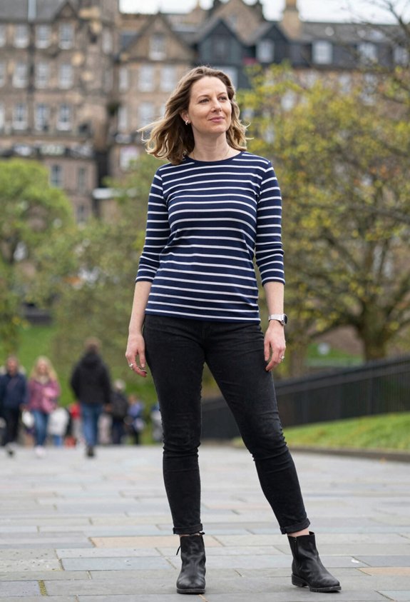 navy stripes with black jeans