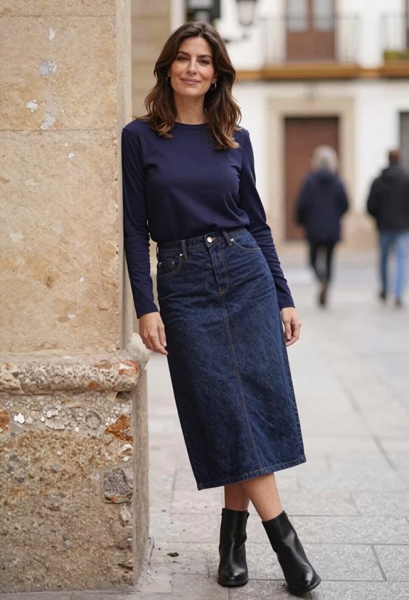navy tee denim skirt boots