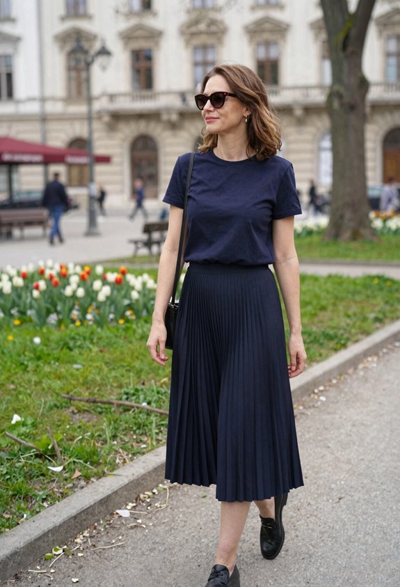 navy tee pleated skirt