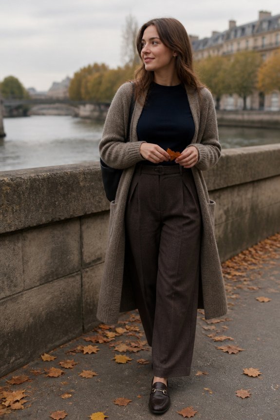 navy top brown trousers