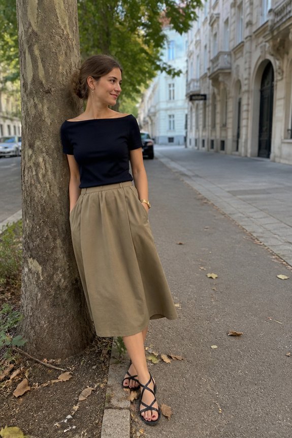 navy top khaki skirt
