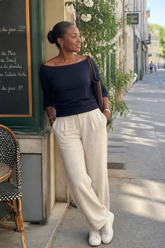 navy top linen trousers
