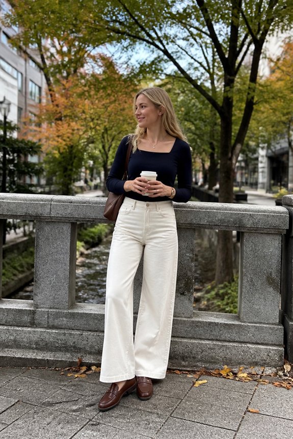 navy top wide jeans