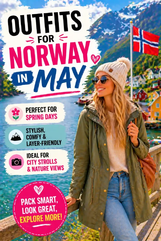 A woman in a stylish outfit enjoys scenic views in Norway, promoting spring fashion for May adventures.