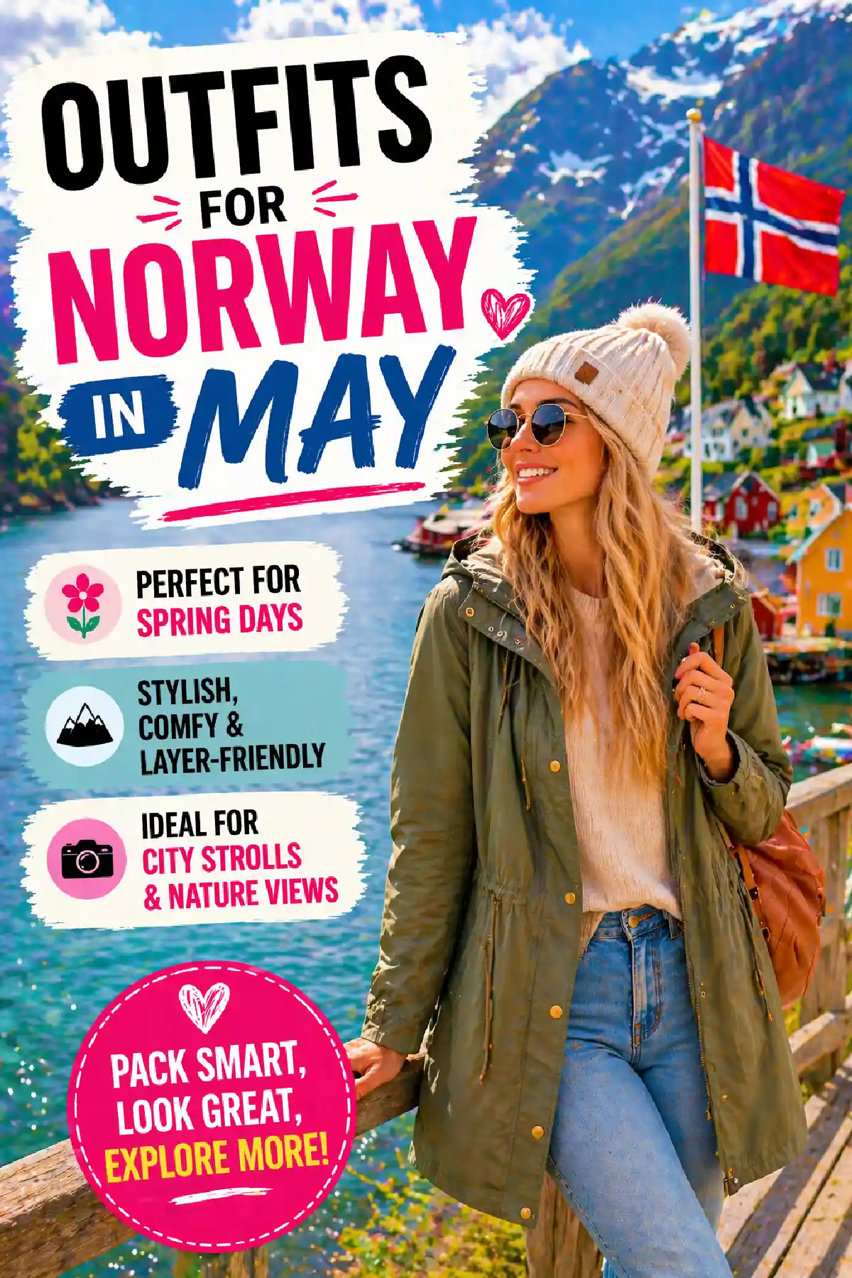 A woman in a stylish outfit enjoys scenic views in Norway, promoting spring fashion for May adventures.