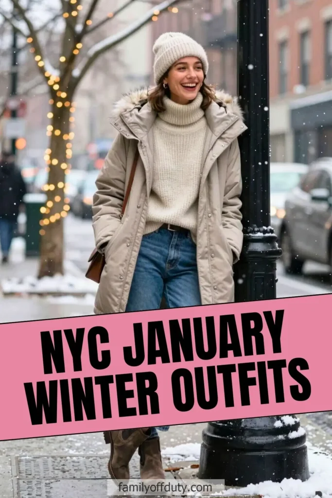 Woman in cozy winter outfit with coat, sweater, and beanie in snowy NYC January street scene.