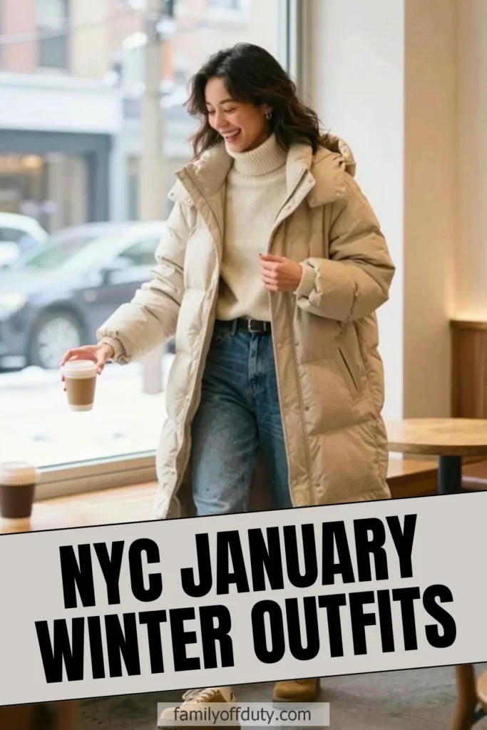 Woman in cozy winter outfit enjoys coffee in NYC cafe. Warm beige coat, jeans, and boots.