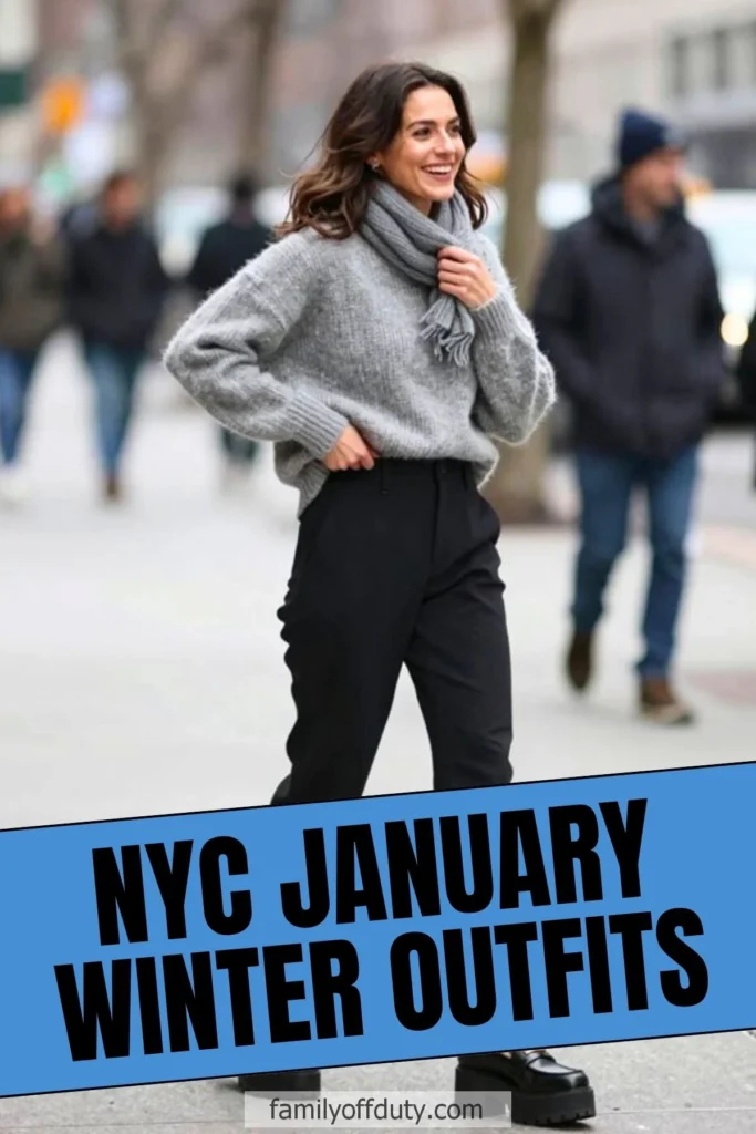 Woman in stylish winter outfit with grey sweater and scarf in NYC.