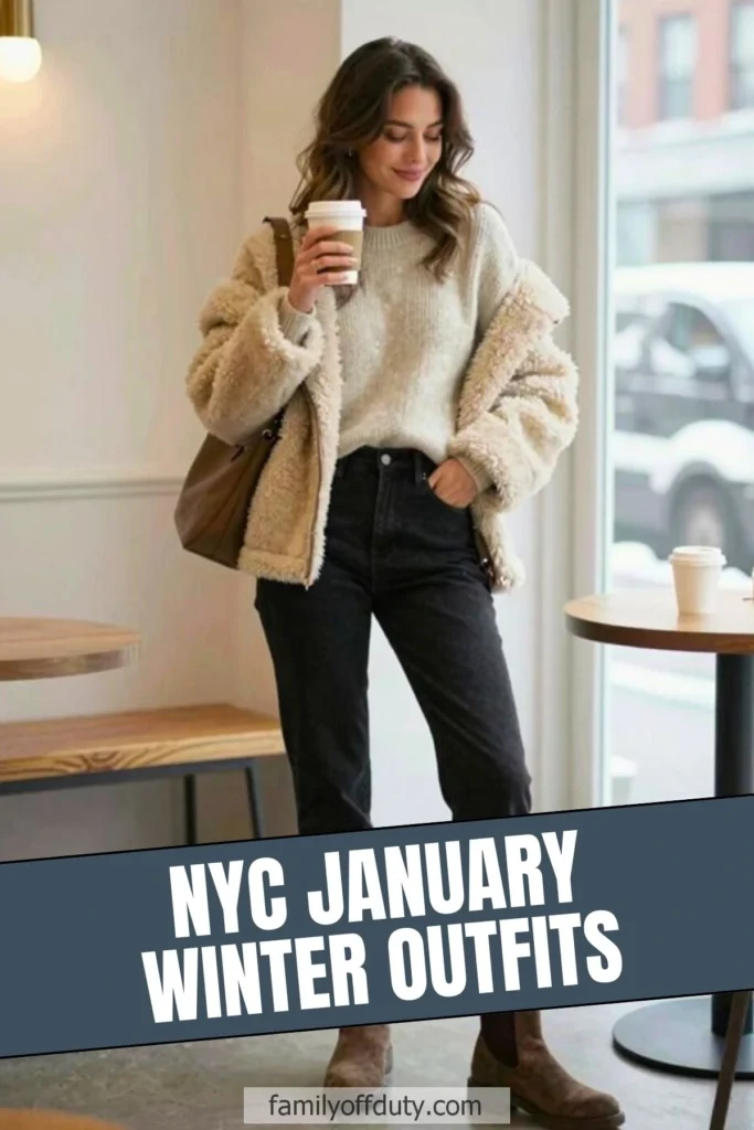 Stylish winter outfit in NYC coffee shop, featuring a cozy sweater and coat. Perfect January fashion inspiration.