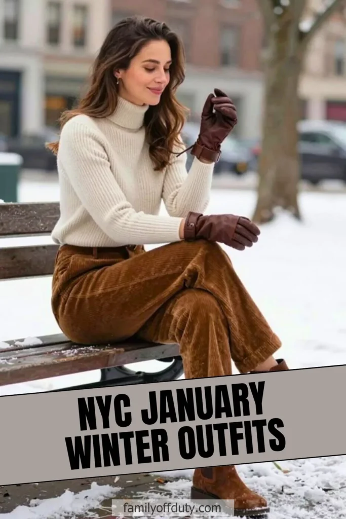 Woman in cozy winter outfit sitting on park bench in NYC, wearing brown pants and white sweater.